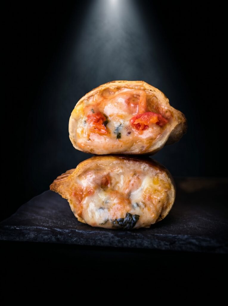 Vista superior de una empanada argentina horneada de sabor Caprese (tomate, mozzarella, albahaca y oliva) servida en un plato oscuro en Empanada Club.
