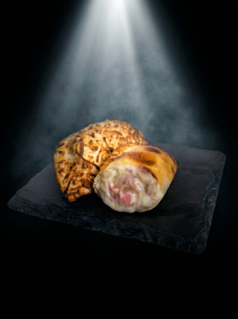 Vista superior de una clásica empanada argentina horneada de jamón y queso, con relleno visible, en un plato oscuro de Empanada Club.
